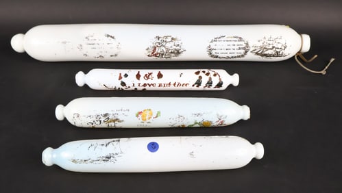 Four Bristol Milk Glass Transfer Decorated Rolling Pins