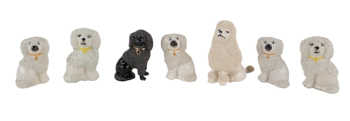Seven Staffordshire Porcelain Miniature Dogs