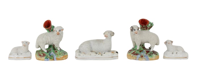 Five Staffordshire Sheep Figures