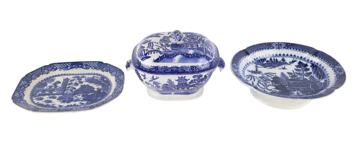 Three Blue and White Transferware Table Articles