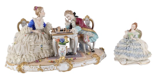 Unterweissbach Porcelain Figural Group, Couple Playing Chess