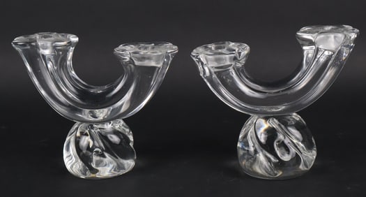 Pair of Colorless Glass Daum Candlesticks