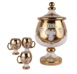 Bohemian White Glass and Gilt Punch Bowl and Glasses