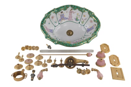 Sherle Wagner Chinoiserie Porcelain Basin and Faucet Set