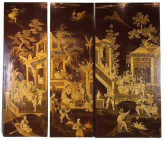 Chinese Set of Five Gilt Brown Lacquer Screens