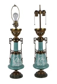 Pair of Blue Porcelain Metal Mounted Table Lamps