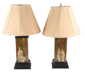 Pair of Vintage Verre Eglomise Chinoiserie-Theme Table Lamps