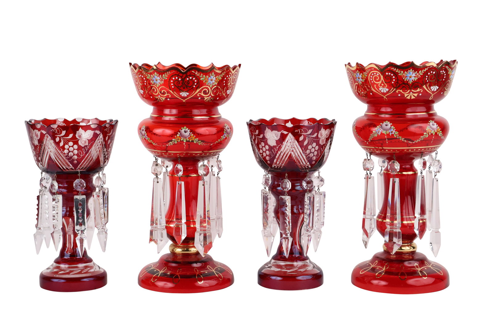 Two Pairs of Red Glass Lustres: Two Pairs of Red Glass Lustres One cut to clear and one with gilt and hand-painted decoration. Some wear and losses. 14"h x 7"dia. and 10-1/2"h x 6"dia.