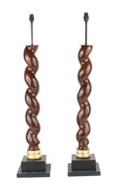 Pair of Twisted Lacquered Wood Column Lamps