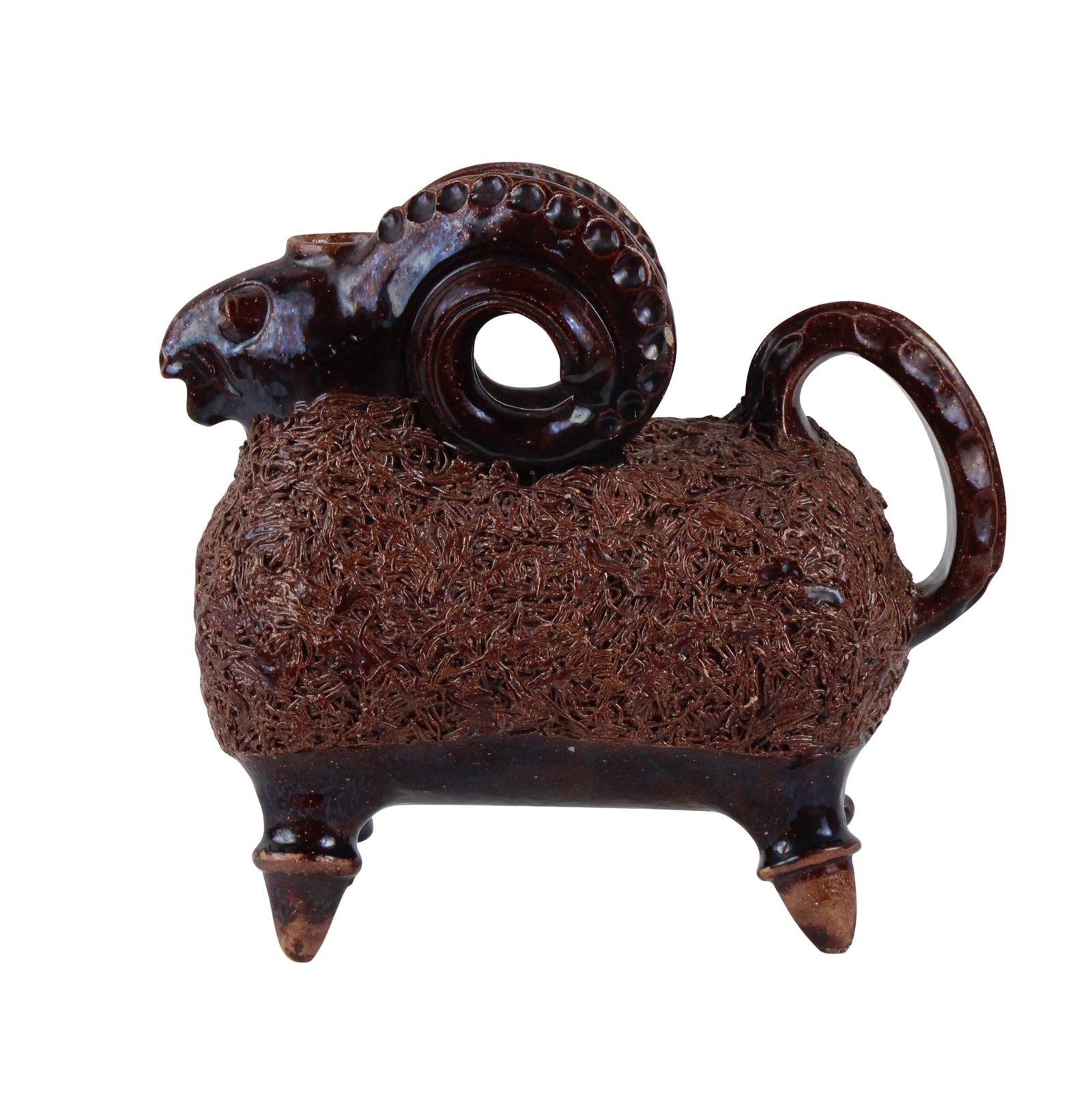 Vintage Brown-Glazed Ram Figurine: Vintage Brown-Glazed Ram Figurine 20th C. with marked underside, hole on top. Some wear, chips. Provenance: Property from a Private New York Gentleman 8"h x 8-1/2"w x 4"d
