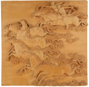 Carved Wood Plaque of Figures and Horses