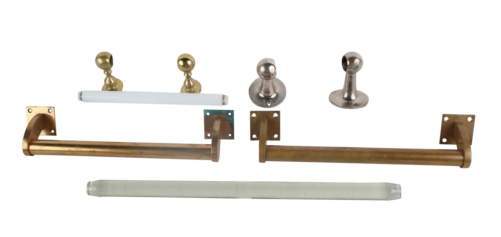 Four Modern Towel Bars: Four Modern Towel BarsComprising, a pair of brass, two with glass rods.Losses, wear, surface distress.Provenance: Property from a Private New York GentlemanLargest: 20"l
