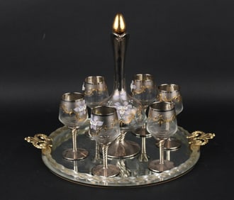 Murano Silvered, Gilt and Painted Decanter and Wine Glass Set