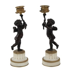 Pair of Louis XV Style Ormolu-Mounted Bronze & Marble Putti Candlesticks