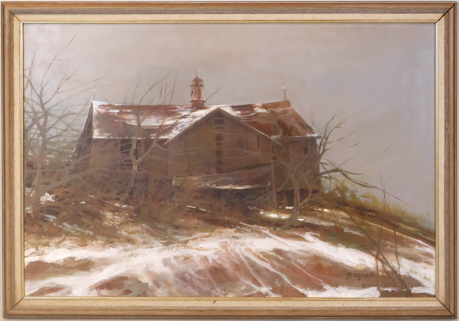 Stephen Bagnell, American 1930-1996, Old Barn, Oil on Board: Stephen Bagnell American, 1930-1996 Old Barn Oil on Board Signed l.r. "Bagnell" Sight 23 1/2 x 35 1/2 in. (59.7 x 90.2 cm.), Overall 27 x 39 1/2 in. (68.6 x 100.3 cm.)