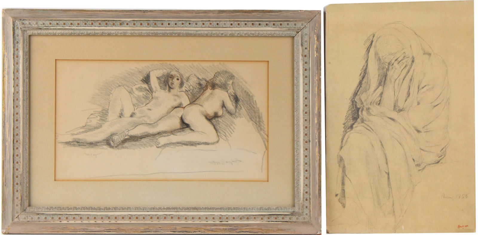 Moses Soyer, American 1899-1974, Two Nude Women, Print: Moses SoyerAmerican, 1899-1974Two Nude WomenPrintSigned in print in l.r. and l.l. Together with an unframed print of "Study for Vieille Italienne (recto) " by Edgar Degas.Tears, mat burn, st