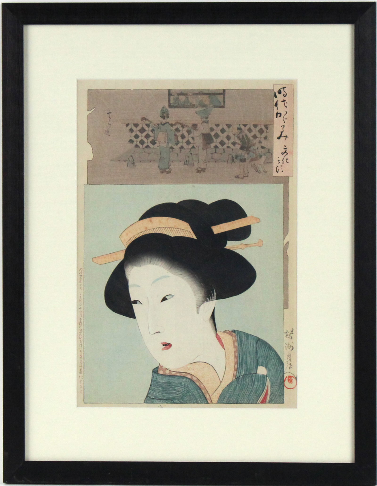 Toyohara Chikanobu, Japanese 1838-1912, Ukiyo-e and Meiji Print: Toyohara Chikanobu Japanese, 1838-1912 Ukiyo-e and Meiji Print Dated verso 1896. Sight 13 1/2 x 9 1/2 in. (34.3 x 24.1 cm.), Overall 20 x 15 1/2 in. (50.8 x 39.4 cm.)