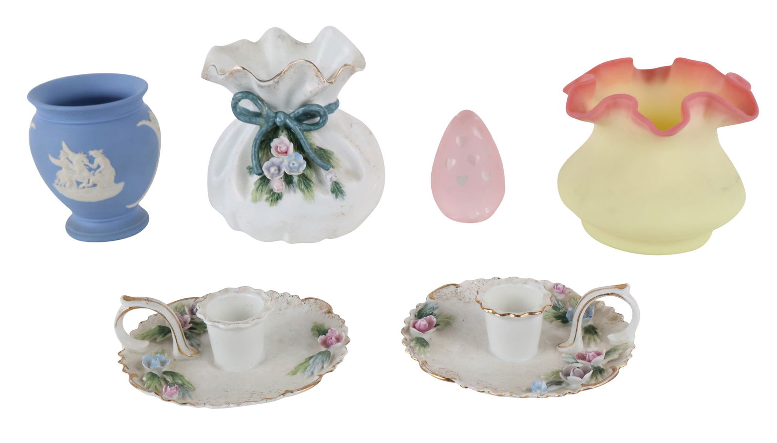 Wedgwood Blue Jasperware Small Vase: Wedgwood Blue Jasperware Small VaseTogether with a pair of Lefton China chambersticks, a Lefton vase, a Fenton yellow glass vase, and a pink glass egg. 6 pieces totalChips, wear, losses.Wedgwood: 3-3/