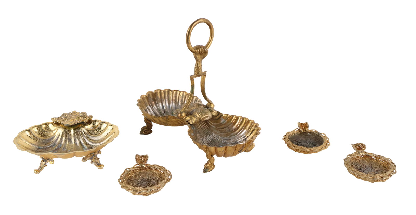 Two Gilt Metal Shell Form Dishes: Two Gilt Metal Shell Form Dishes 8"h. Together with four gold mesh metal ashtrays.