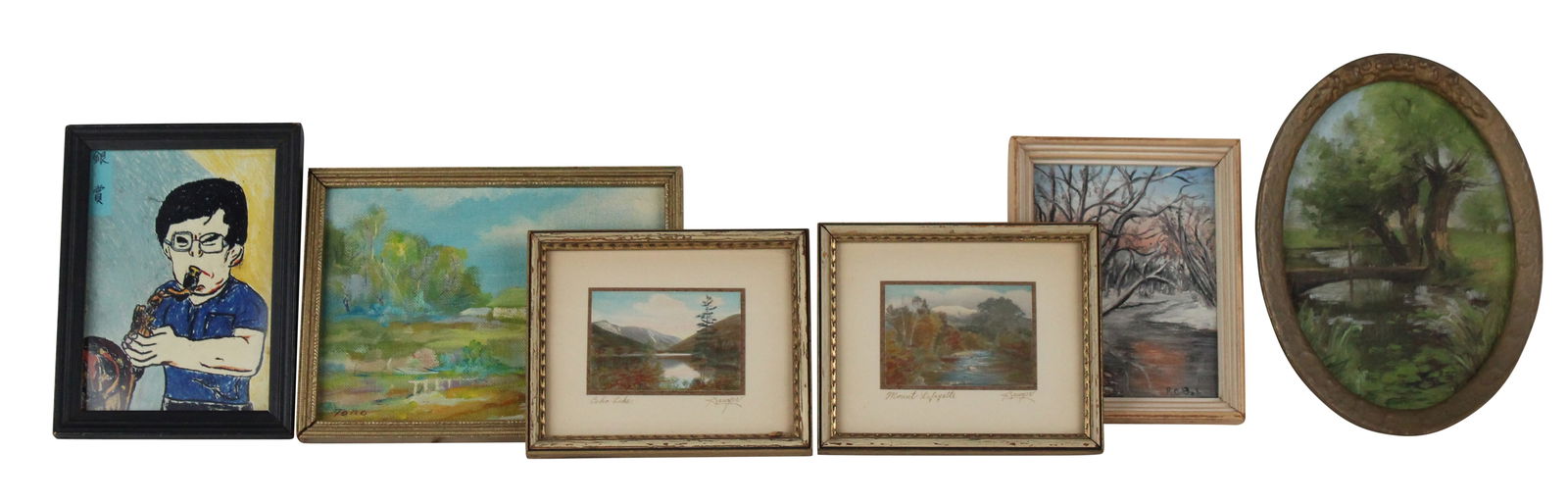 Two Miniature NH Hand Colored Photographs by Charles Sawyer: Two Miniature NH Hand Colored Photographs by Charles SawyerConcord, NH Swayer (1868-1954). Depicting Echo Lake and Mount Lafayette. Together with framed etching, tile, postcards, and amateur paintings