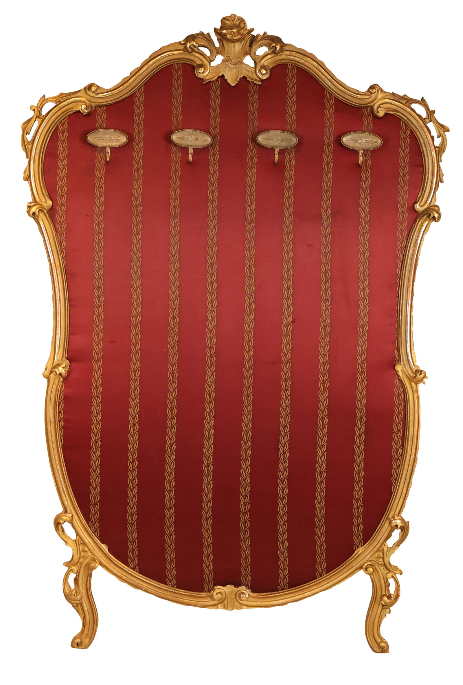 Louis XV Style Giltwood Hall Tree: Louis XV Style Giltwood Hall Tree 20th C. with upholstered back and four gilt metal hooks. Some surface distress and losses to gilt. 6'4"h x 4'2"w x 3"d
