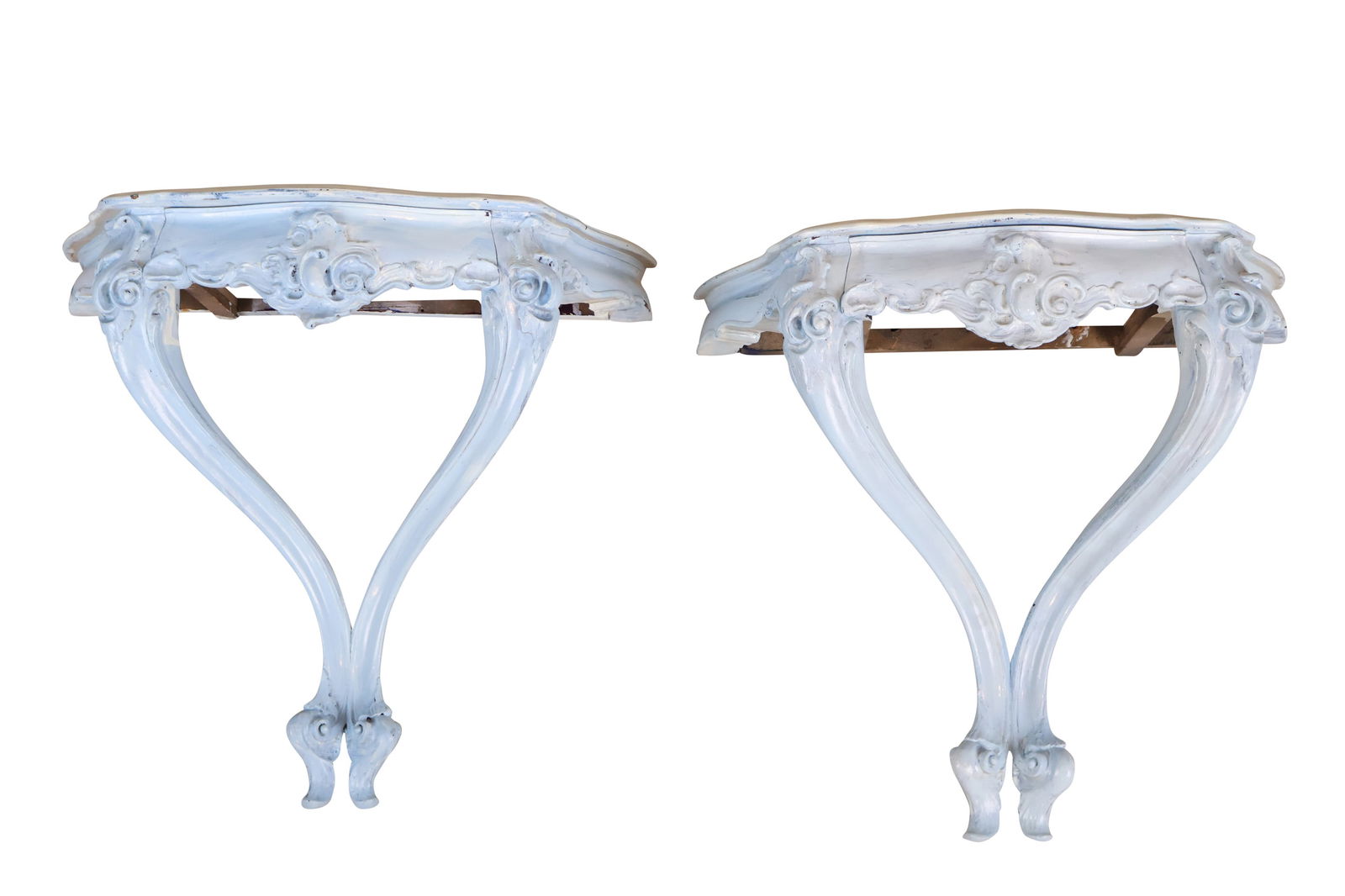 Pair of Rococo Style Blue-Painted Console Tables: Pair of Rococo Style Blue-Painted Console TablesContinental Taste, 20th C.24"h x 24"w x 11"d