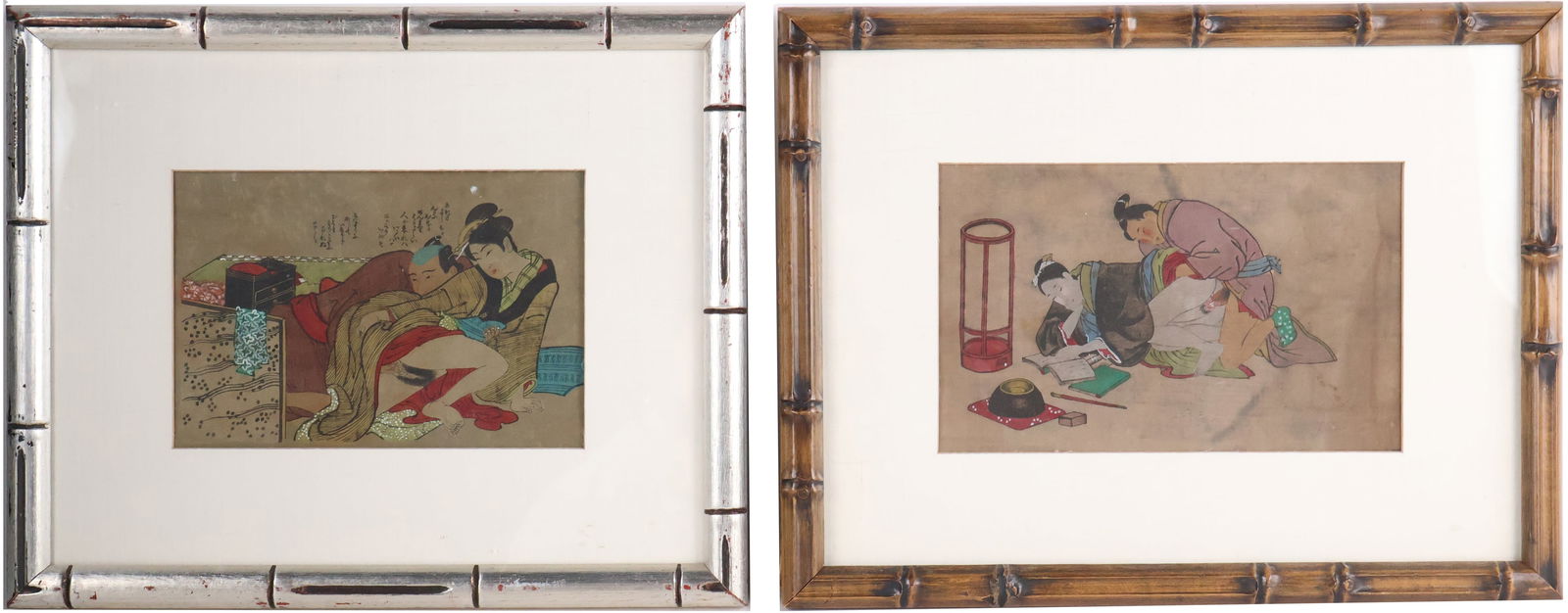 Two Japanese Erotic Prints of Fabric: Two Japanese Erotic Prints of Fabric20th C, some paint embellishment.Stains.Sight size: 6-1/2"h x 10-1/4"w, Overall: 13-1/2"h x 17-1/2"w