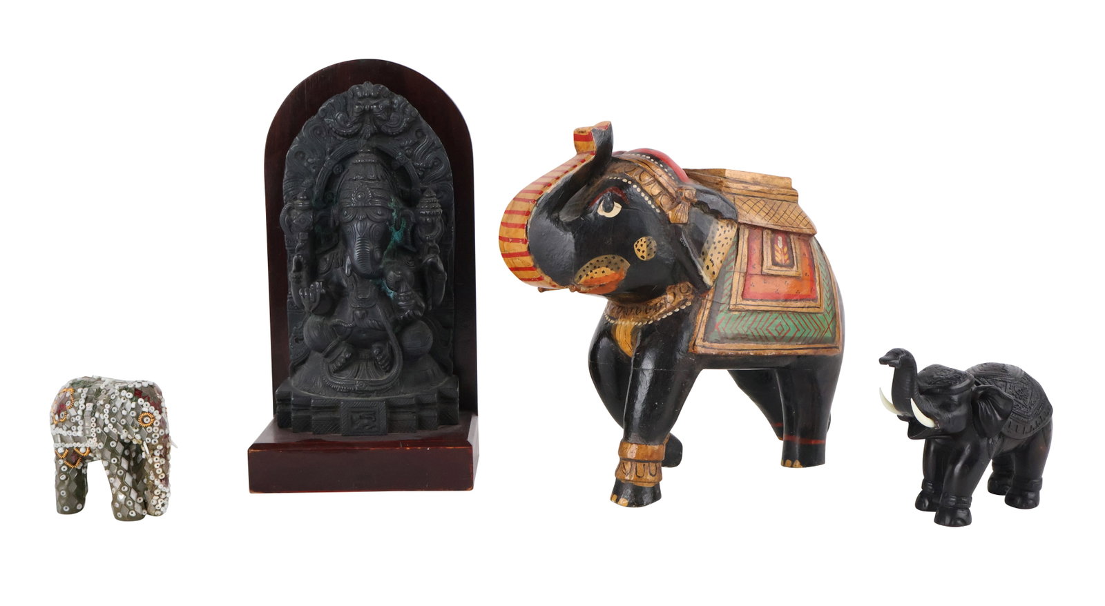 Patinated Metal Figure of Ganesh: Patinated Metal Figure of Ganesh Patinated Metal Figure of Ganesh. Together with a carved and painted wood elephant, a beaded elephant, and a metal elephant. 4 pieces Used condition, wear, losses. Gan