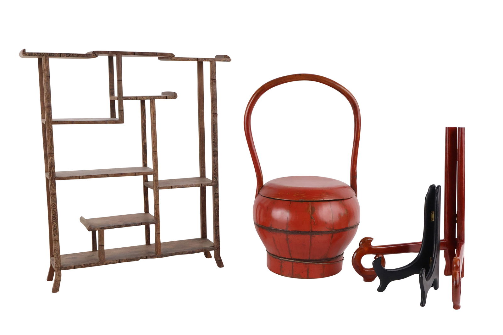 Asian Red Stained Hardwood Handled Basket (1 of 9)