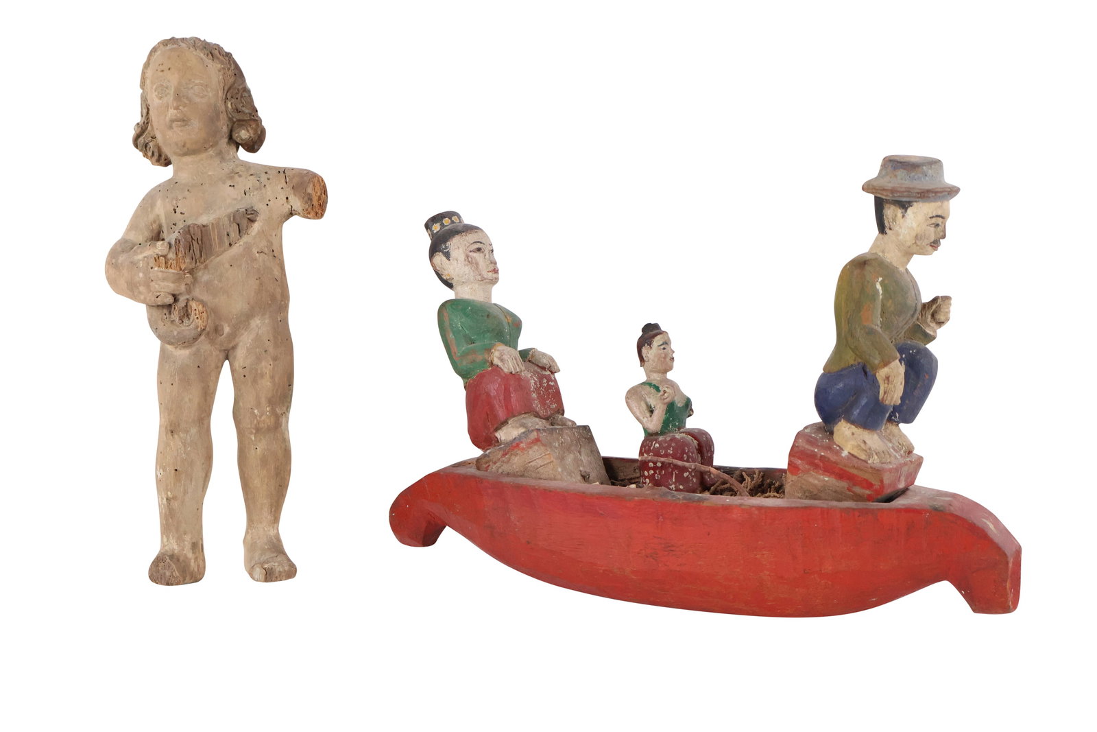 Continental Carved Wood Cherub: Continental Carved Wood Cherub 12"h. Together with an Asian polychrome wood sculpture of a boat with three figures. 14"l.