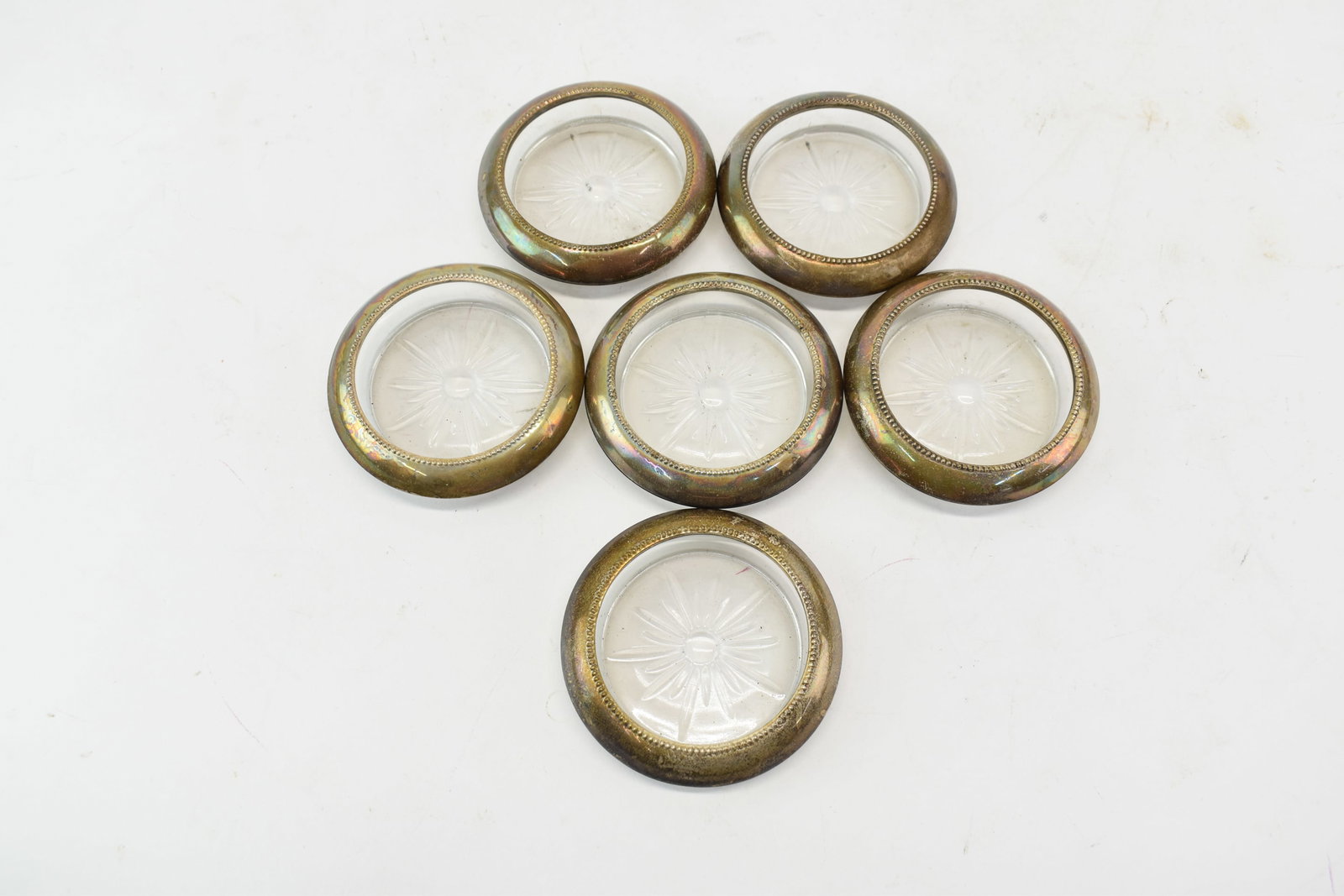 Set of Six Frank Whiting Sterling Silver Collard Ashtrays: Set of Six Frank Whiting Sterling Silver Collard Ashtrays Set of Six Frank Whiting Sterling Silver Collard Ashtrays. Used condition, 3 3/4" diameter