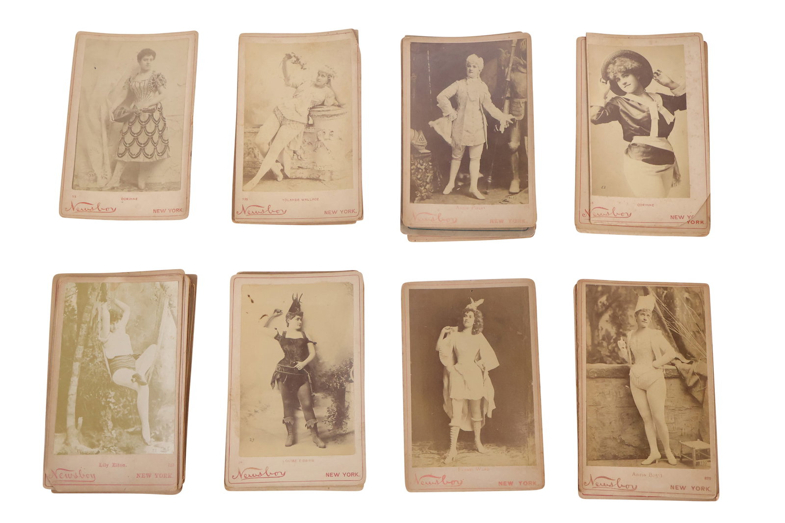 Group of Vintage Newsboy Cabinet Cards: Group of Vintage Newsboy Cabinet Cards Including, Fannie Ward, Eleanor Mayo, Effie Chappie, Annie Sutherland, and Lily Elton. Appx. 27 pieces Losses, stains, some trimmed, wear. 6-1/2"h x 4-1/4&q