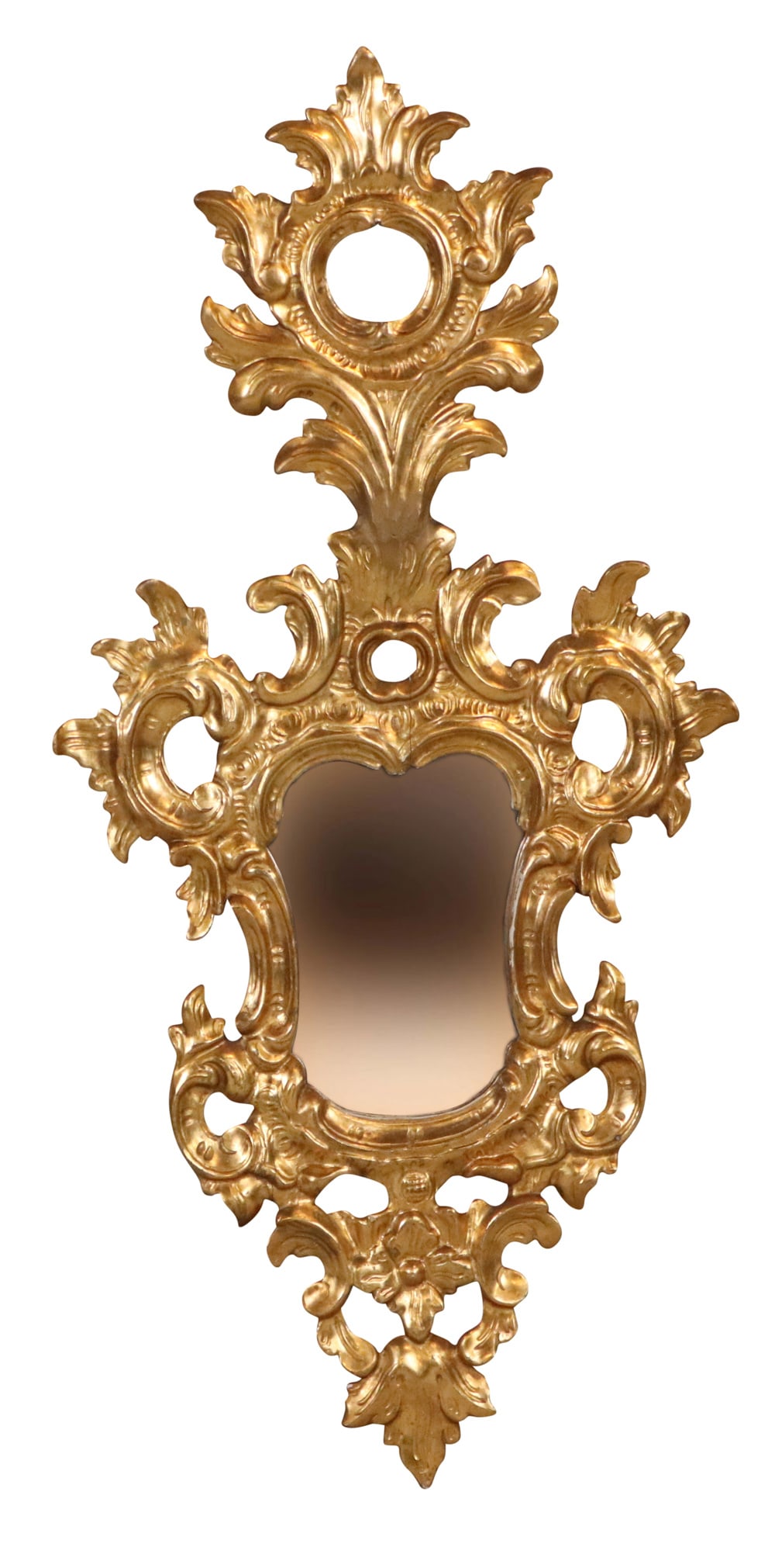 Italian Giltwood Carved Wall Mirror: Italian Giltwood Carved Wall Mirror Used condition, wear, worn, breaks, repair, paint loss. 41"h x 19 1/2"w
