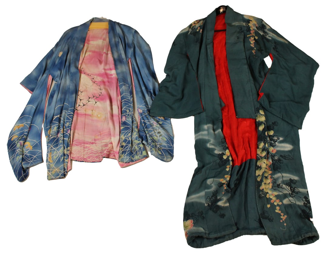 Two Japanese Kimonos/Robes: Two Japanese Kimonos/Robes 20th C. Holes, wear, stains. 4'9"l and 38"l