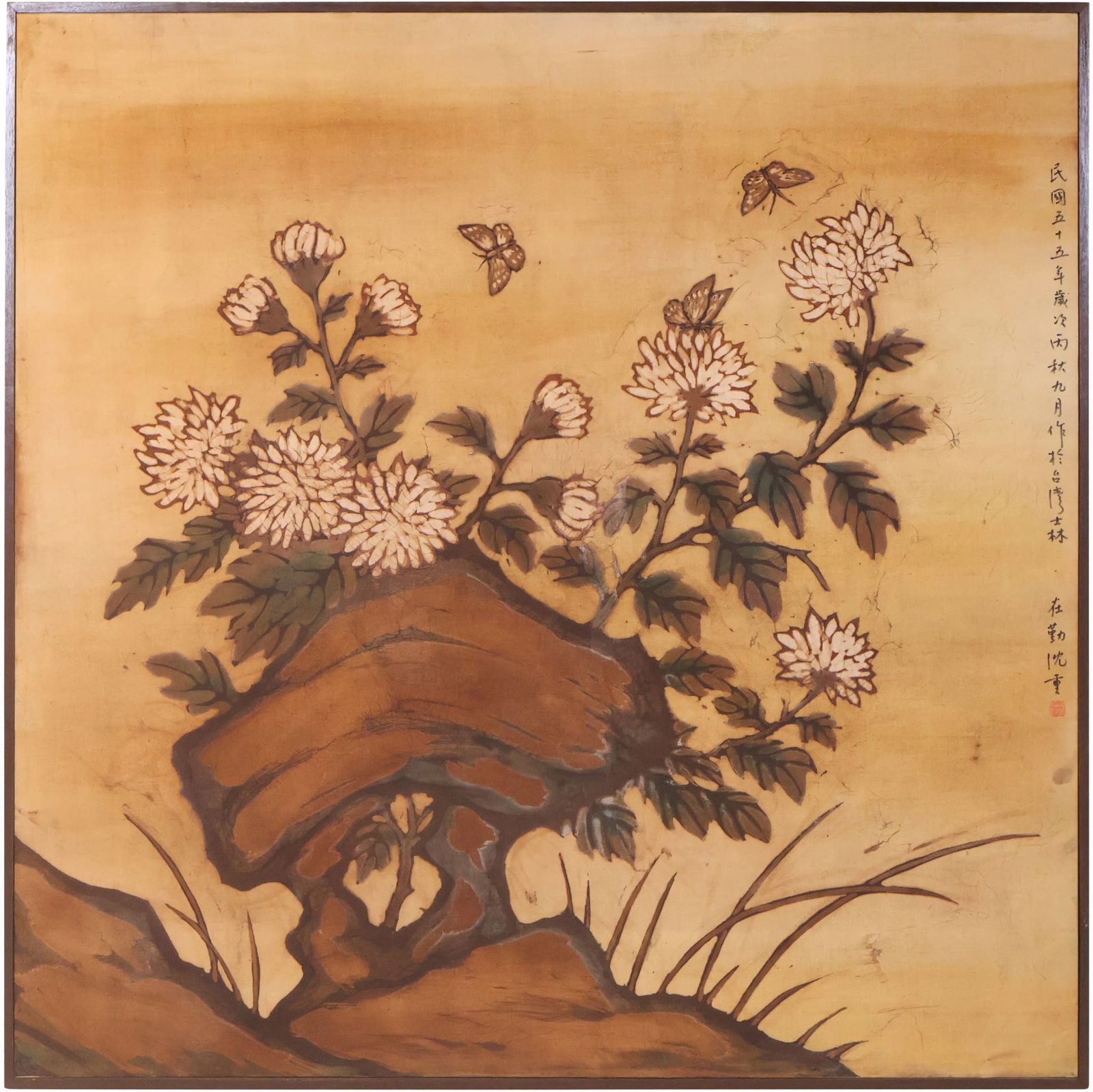 Modern Chinese Painting on Linen: Modern Chinese Painting on LinenMounted on board, signed verso and left side, depicting flowers.Losses.Sight: 41-3/4"h x 41-3/4"w, Overall: 42-3/4"h x 42-3/4"w