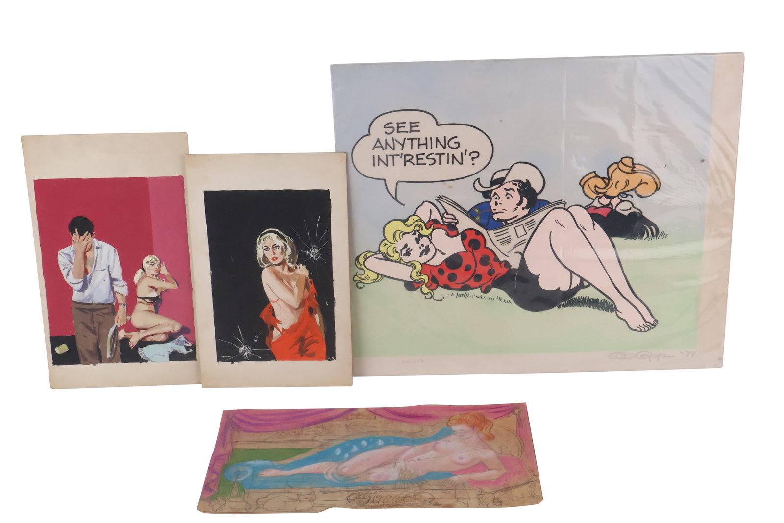 Al Capp, American 1909-1979, See Anything Int'resting?, Print on Cloth: Al CappAmerican, 1909-1979See Anything Int'resting?Print on ClothNumbered 144/250. Together with a mixed media sketch of a nude woman, and two pulp art drawings. 4 piecesCapp: 20"h x 24"w