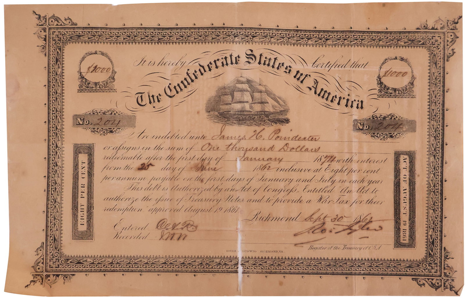 Confederate States of America 1863 War Tax Bond: Confederate States of America 1863 War Tax Bond For $1000, made on September 30, 1862.