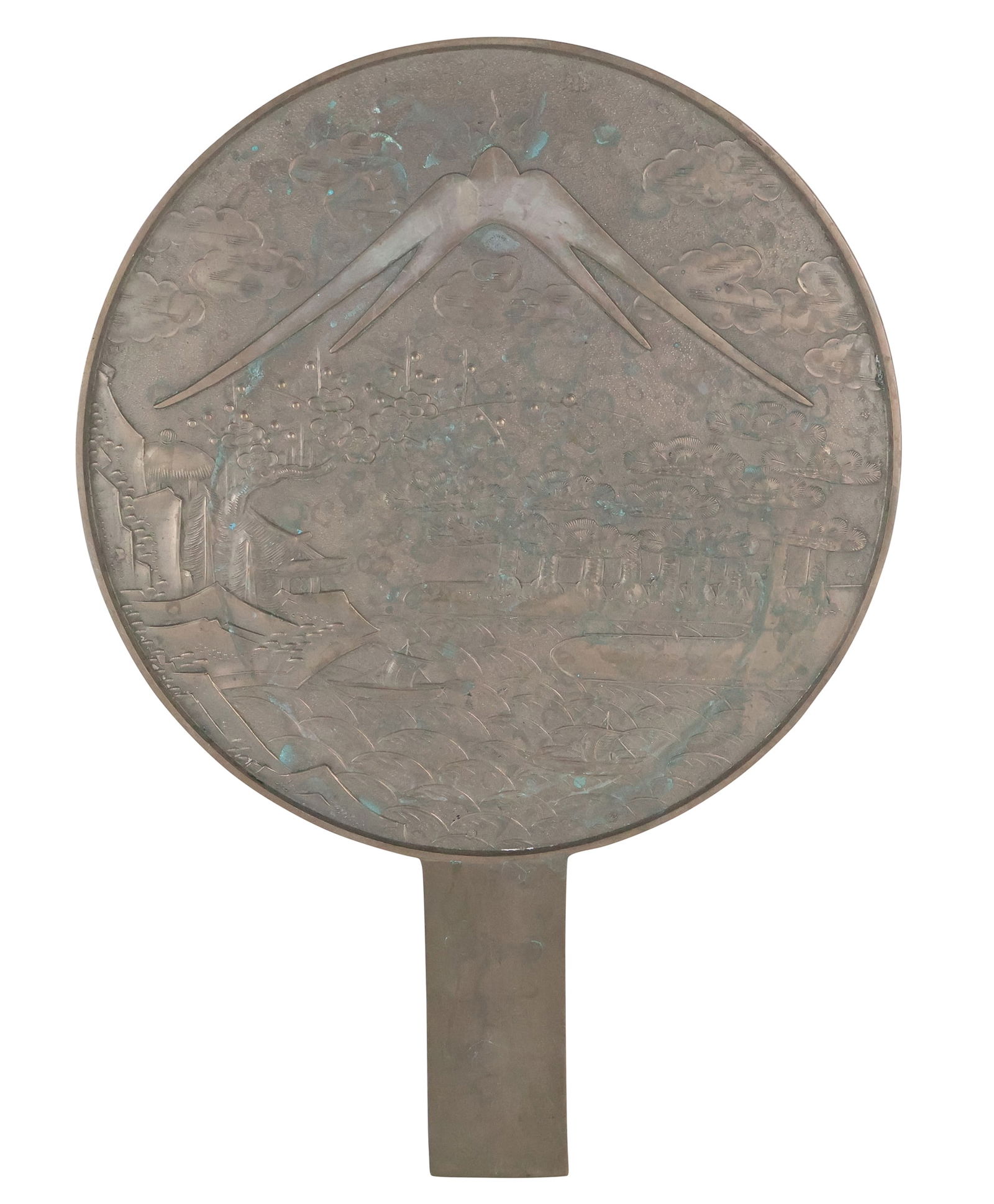 Japanese Bronze Hand Mirror: Japanese Bronze Hand MirrorDecorated with small boats, trees, and mountain. 13.5h