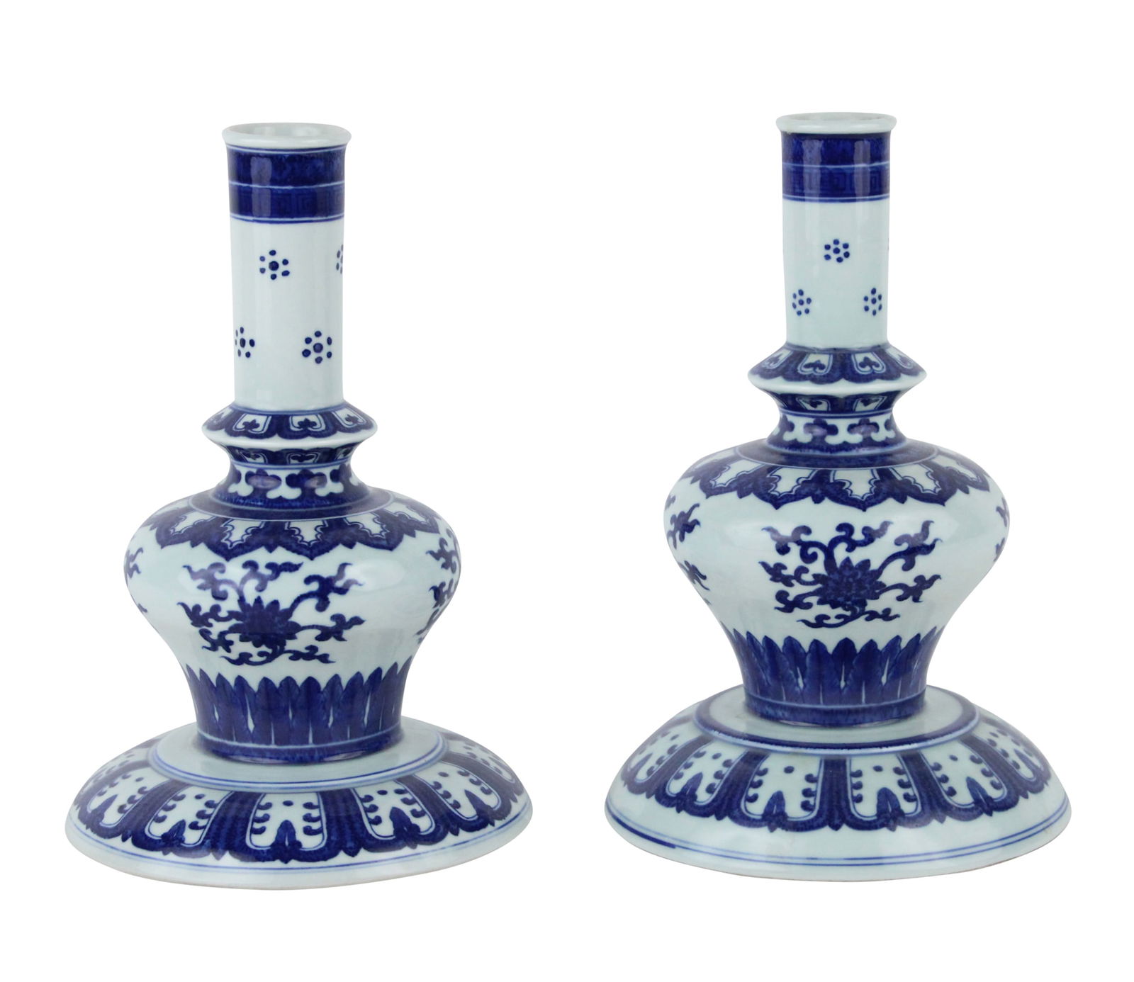 Pair of Chinese Kangxi Style Blue and White Candlesticks: Pair of Chinese Kangxi Style Blue and White Candlesticks20th C.10 1/4 in. (26 cm.)