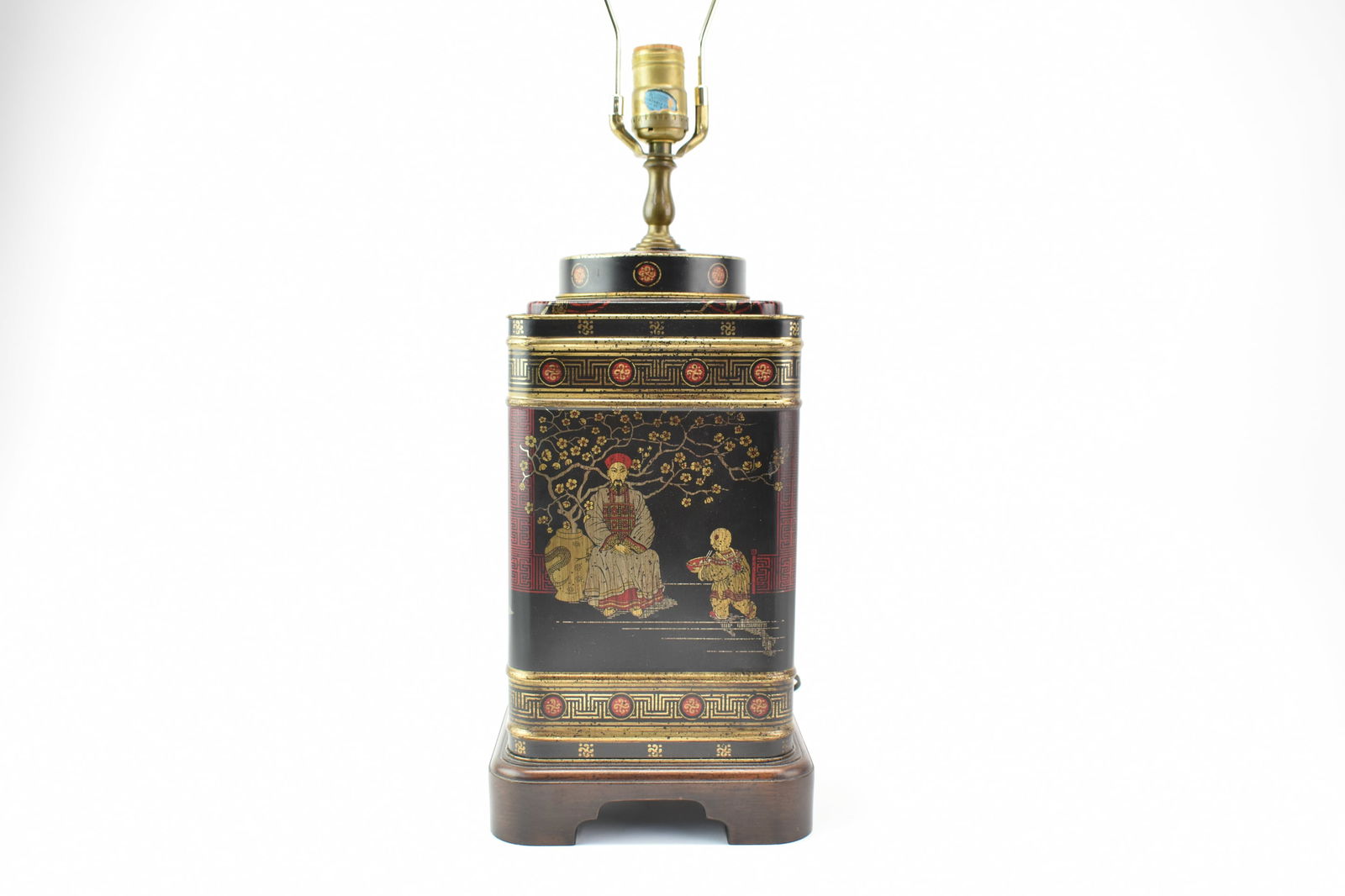 Frederick Cooper Asian Tea Canister Table Lamp: Frederick Cooper Asian Tea Canister Table LampFrederick Cooper Asian Tea Caddy Table Lamp, featuring a tin body mounted on a dark stained wooden base, tea caddy is black, red and gilt and is marked &q