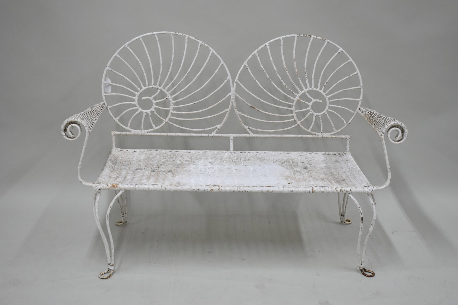 Vintage White Nautilus Backrest Wicker Settee (1 of 8)
