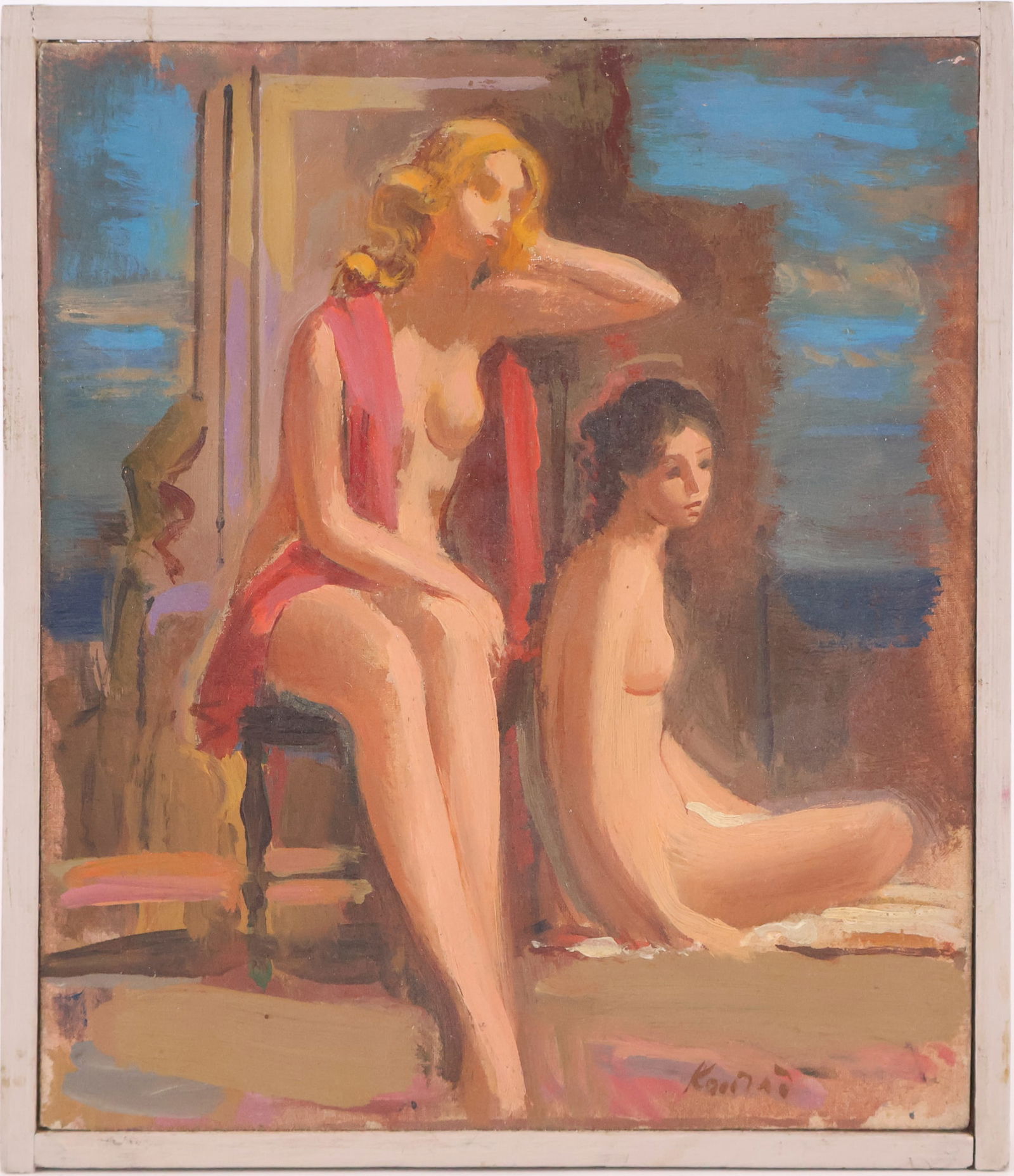 Adolf Ferdinand Konrad, German 1915-2003, Two Seated Nudes, Oil on Board: Adolf Ferdinand KonradGerman, 1915-2003Two Seated NudesOil on BoardSigned l.r. "Konrad" depicting two women seated. Dated in pencil verso 1974.Sight: 7 1/8 x 6.1 in. (18.1 x 15.6 cm.), Frame
