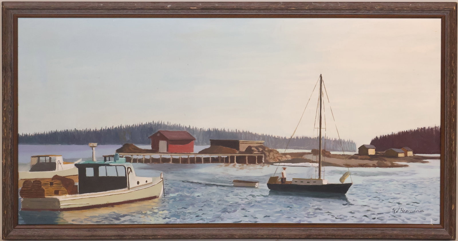 Ted Beaudoin, Maine Harbor Scene, Oil on Canvas: Ted Beaudoin Maine Harbor Scene Oil on Canvas Signed l.r. Provenance: Property from a Private Park Ave. Collection Sight: 19 1/2 x 39 1/2 in. (49.5 x 100.3 cm.), Frame: 22 1/2 x 42 1/2 in. (57.2 x 108