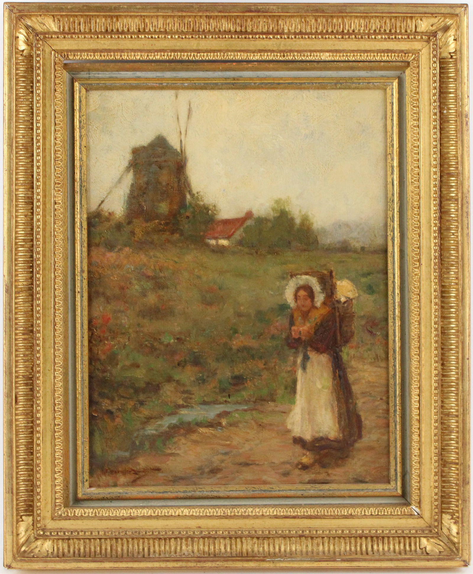 Walter Granville-Smith, American 1870-1938, Woman on Path Near Windmill, Oil on Canvas (1 of 6)