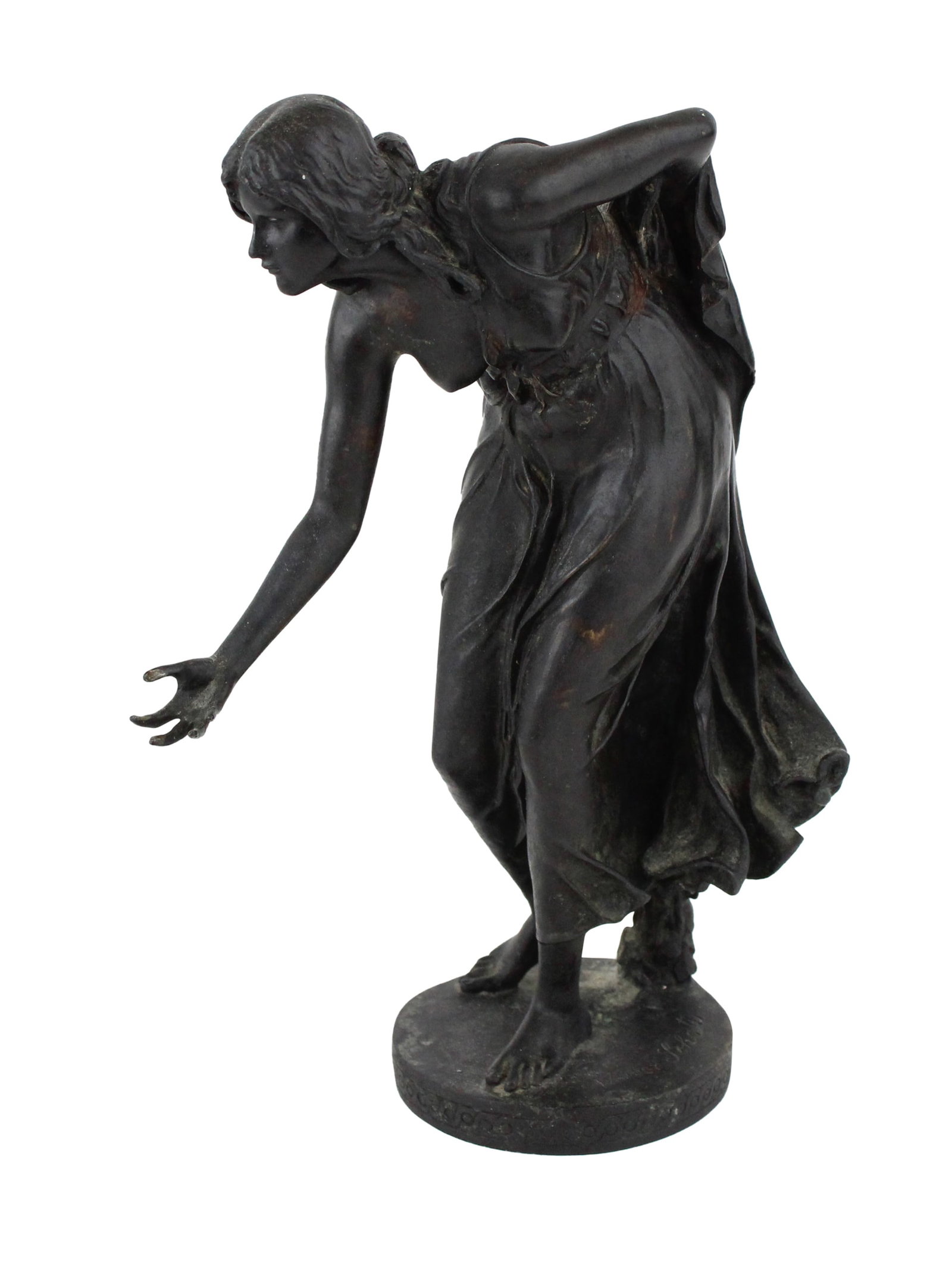 After Walter Schott, Die Kugelspielerin, Patinated Metal: After Walter SchottDie KugelspielerinPatinated MetalSigned on base.Lacking ball.10"h