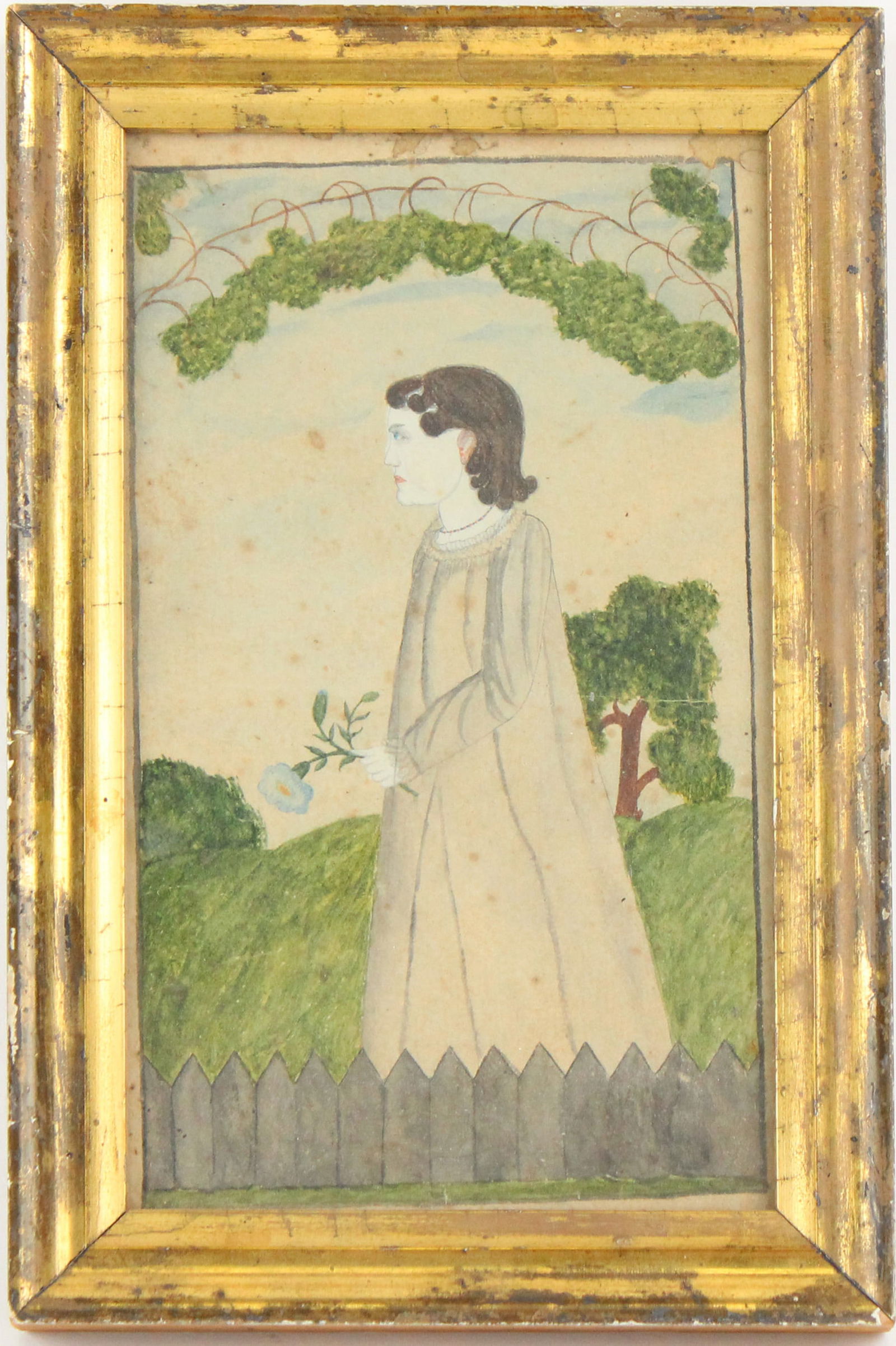 American School, Young Girl with Flower, Watercolor (1 of 5)