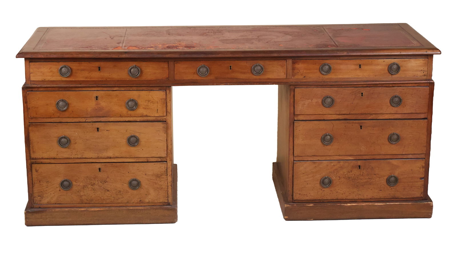 George III Style Leather-Inset Mahogany Pedestal Desk: George III Style Leather-Inset Mahogany Pedestal DeskEnglish, 19th/20th C.29 1/4 x 68 x 24 in. (74.3 x 172.7 x 61 cm.)