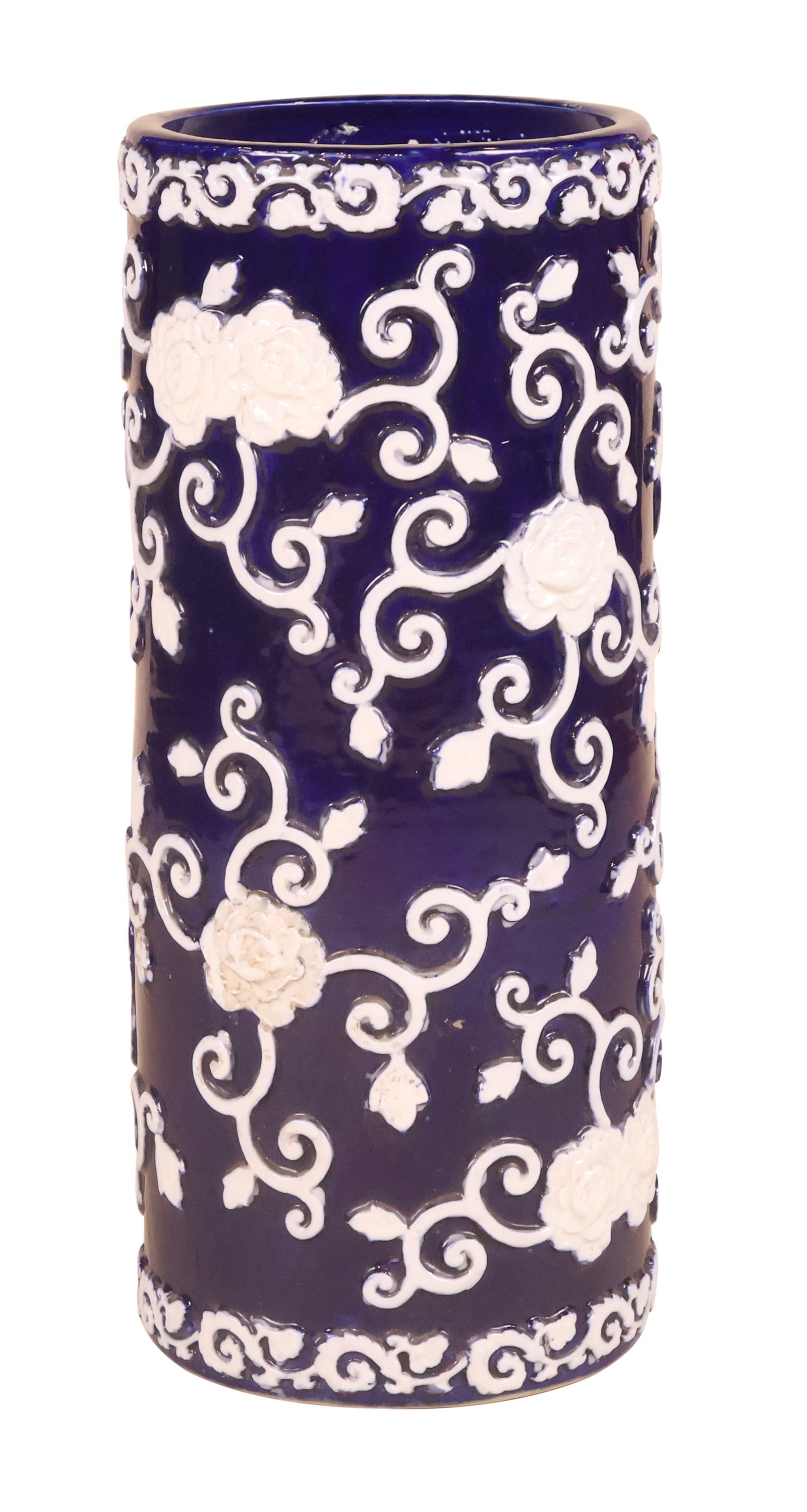 Blue & White Glazed Porcelain Umbrella Stand: Blue & White Glazed Porcelain Umbrella Stand 20th C. appears to be unmarked. 23-1/2"h x 10-1/4"dia.