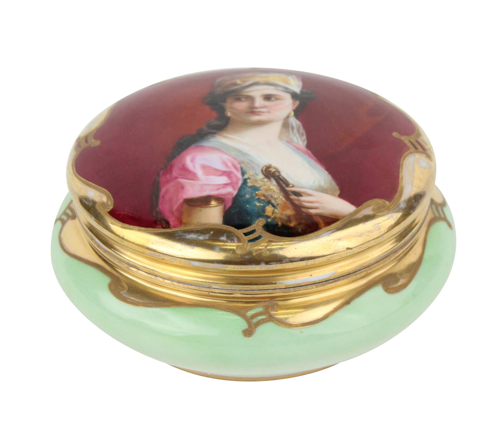 Large Limoges Circular Portrait Covered Bowl: Large Limoges Circular Portrait Covered Bowl Porcelain, stamped, "Limoges, France, Whites Art Co. Chicago". Depicting a classical woman in maroon and signed, ll. Base in mint green. 3.5"