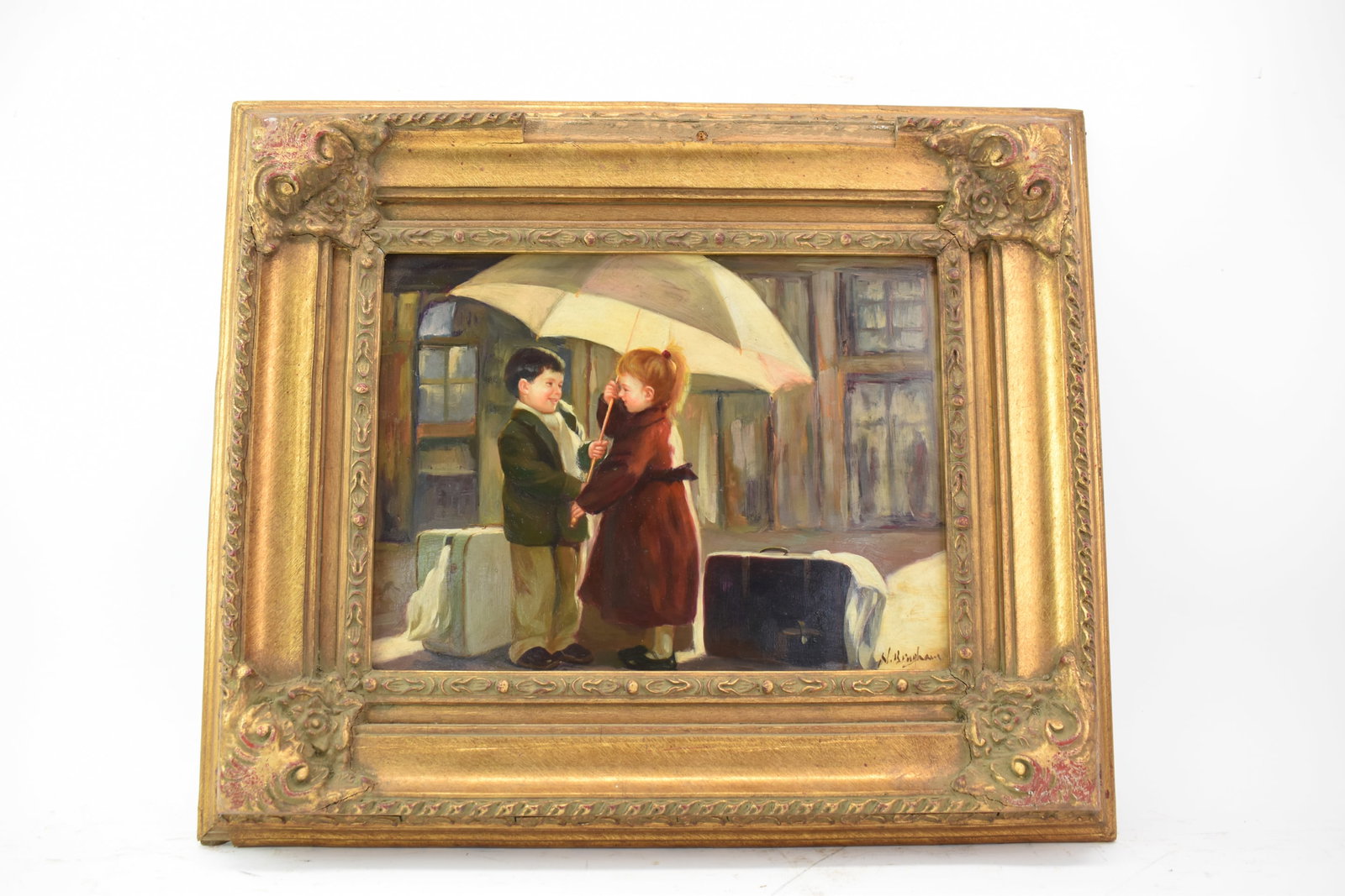 N. Henry Bingham Oil on Board of Children: N. Henry Bingham Oil on Board of Children N. Henry Bingham Oil on Board of Children with Umbrella, signed lower right by artist mounted in gilt frame. Used condition, losses to frame. Frame size 21&qu